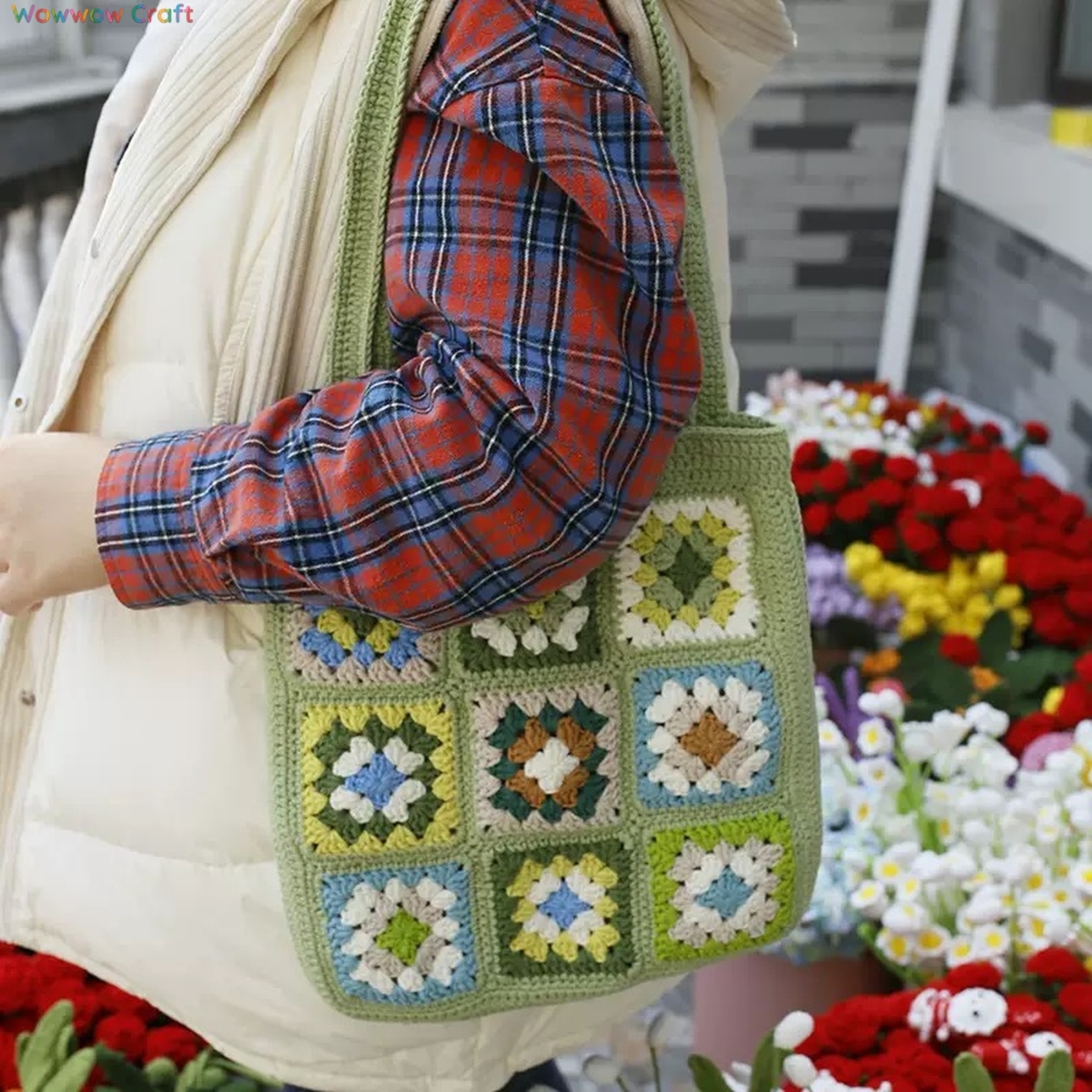 Shoulder Bags,Totes,Handmade Crochet Bags,Light Green Granny Square Tote crocheted with Snow Fairy Yarn - High quality handmade crocheted shoulder bag